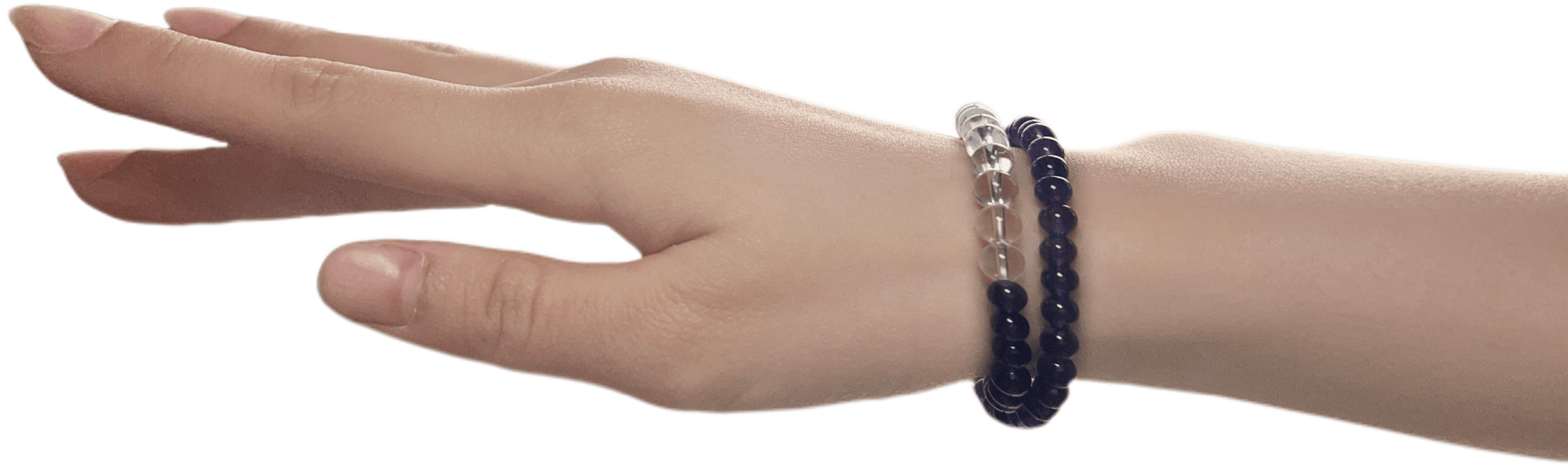 Amethyst bracelet worn on wrist