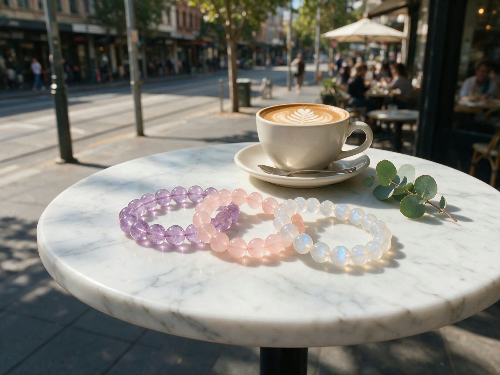 Amethyst, rose quartz and moonstone bracelets on a cafe table