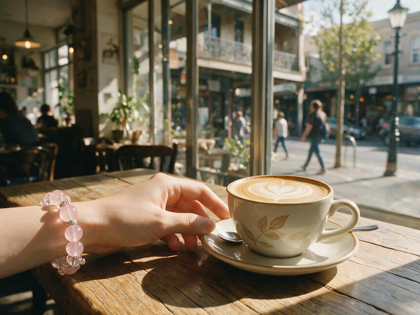 Rose quartz bracelet worn at a cafe window