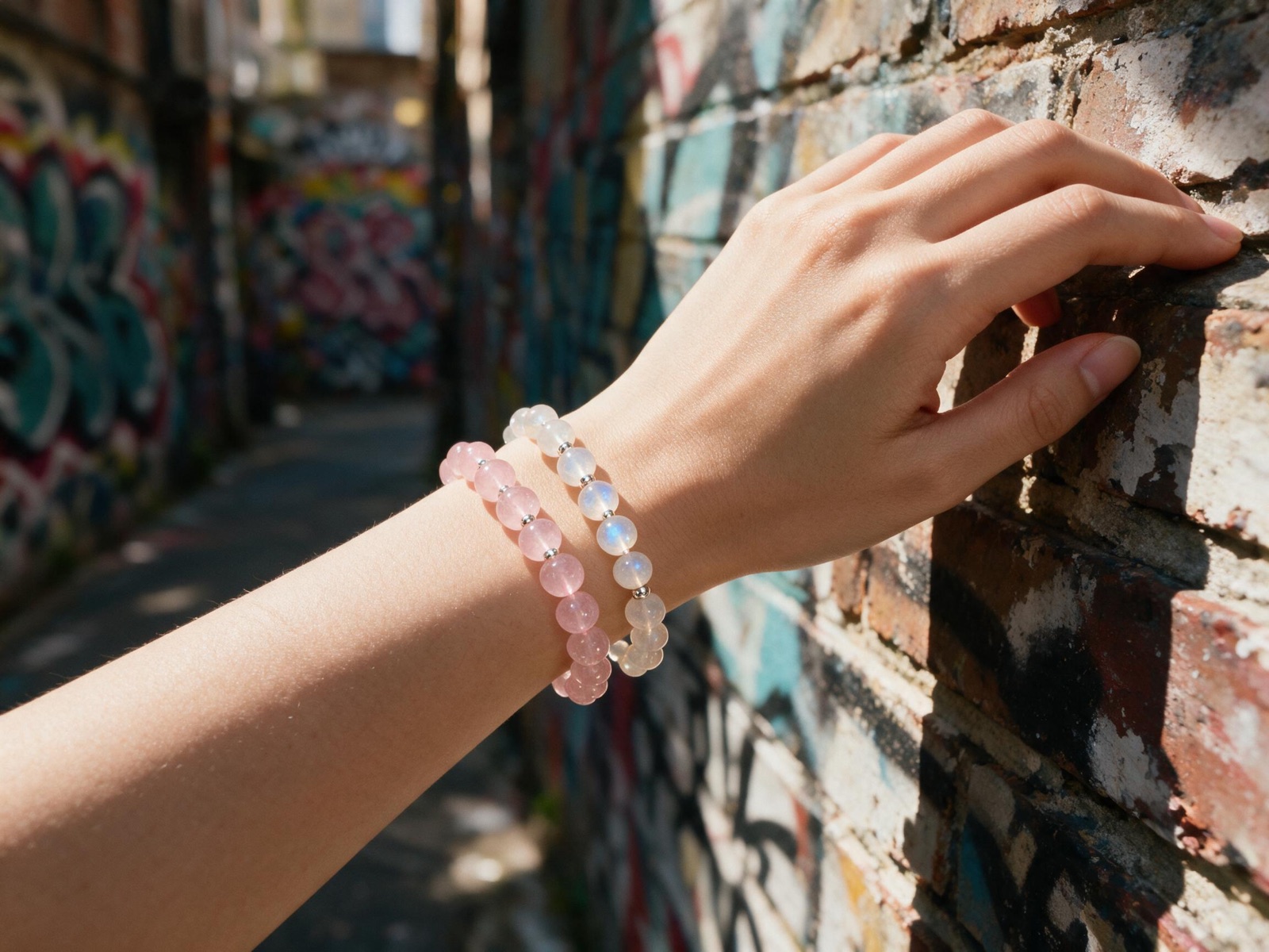 Rose quartz and moonstone bracelets worn in a Melbourne laneway